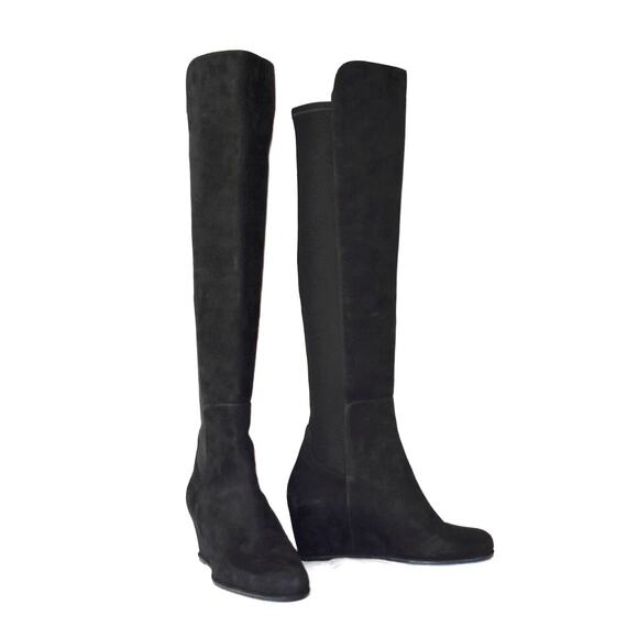 E0 Auth STUART WEITZMAN Semi Black Suede Over The Knee Wedge Boots Size 8 M $645 - Picture 1 of 11
